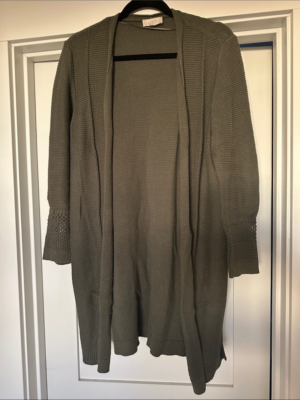 LOFT Olive Open-Front Long Knit Cardigan